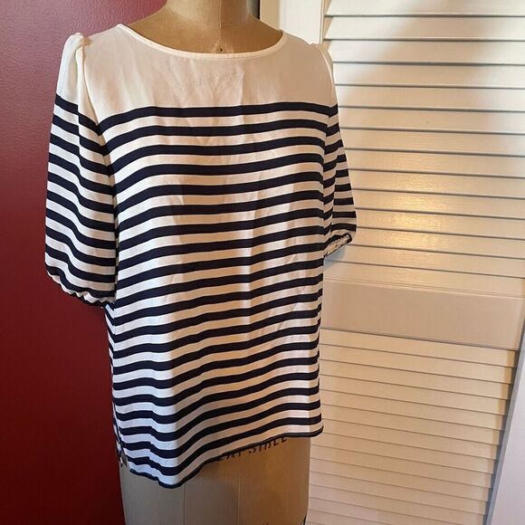 LOFT | navy & cream stripe short sleeve blouse XS - Picture 1 of 5